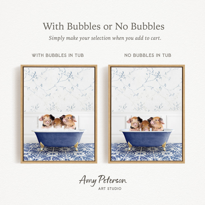 The image is a collage of two framed pictures, each depicting a group of hamsters sitting in a bathtub. The text above the images reads "With Bubbles or No Bubbles Simply make your selection when you add to cart." The text below the images reads "WITH BUBBLES IN TUB" and "NO BUBBLES IN TUB," indicating the presence or absence of bubbles in the bathtub.