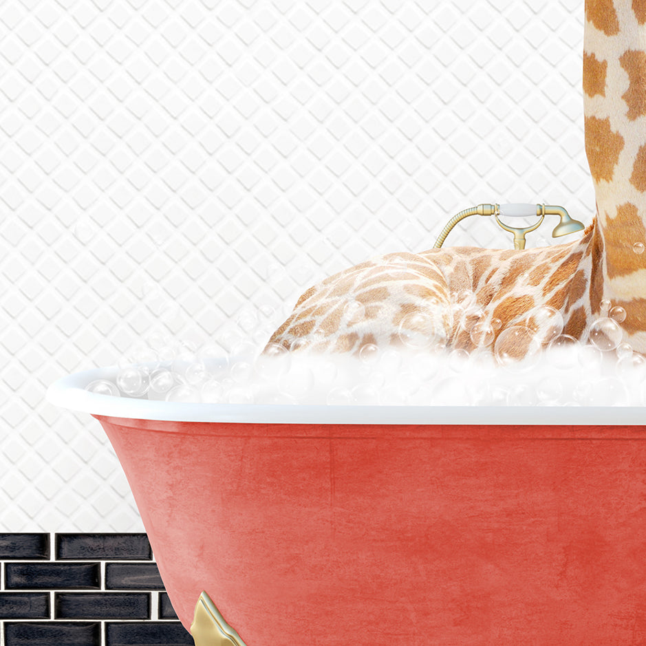 a giraffe laying in a bathtub with foam on it