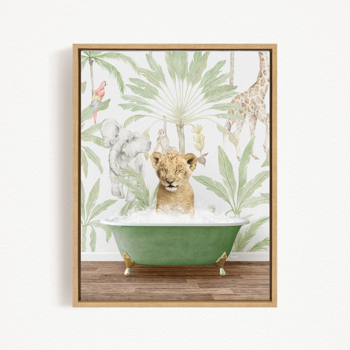 A young lion cub is sitting in a green bathtub, surrounded by various animals such as a giraffe, elephant, and parrot, against a backdrop of tropical foliage.
