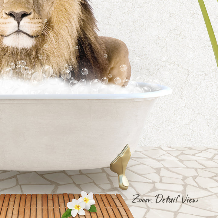 A lion is sitting in a bathtub filled with bubbles, surrounded by a wooden mat and a single white flower.
