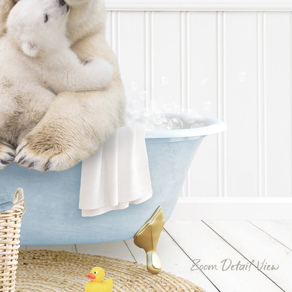 A polar bear sitting in a blue bathtub, surrounded by bubbles, with a rubber duck nearby.