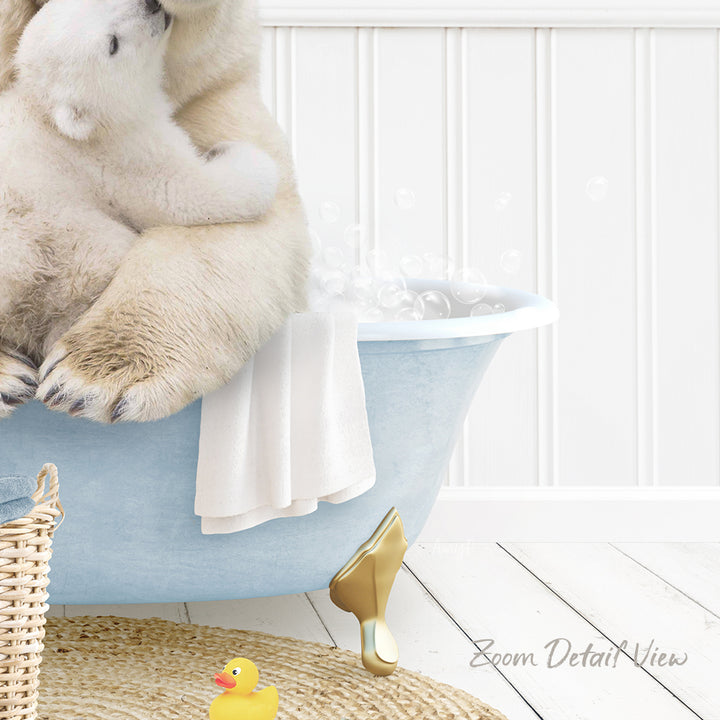 A polar bear sitting in a blue bathtub, surrounded by bubbles, with a rubber duck nearby.