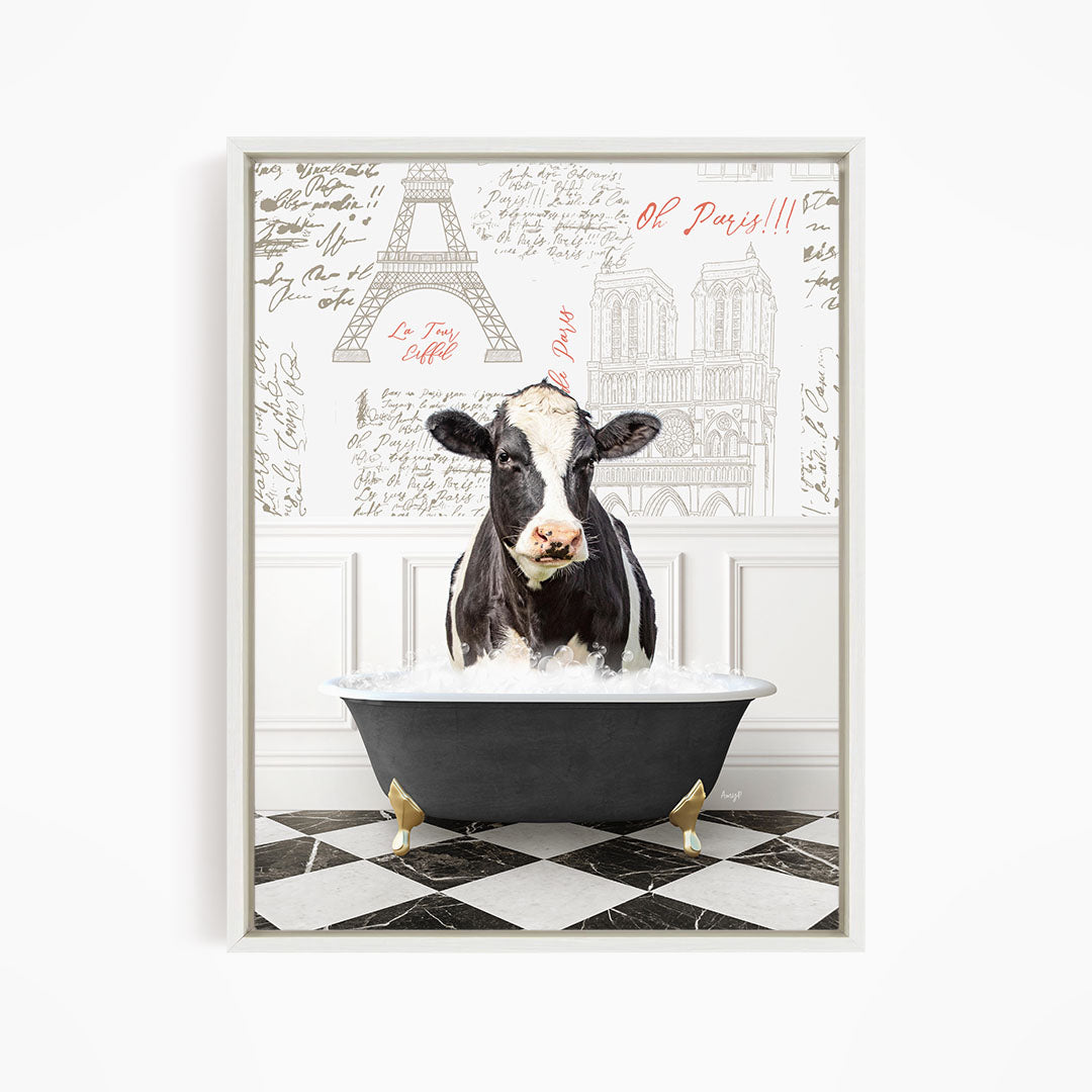 A black and white cow is sitting in a bathtub filled with water, surrounded by a Paris-themed background with the Eiffel Tower and other Parisian landmarks.