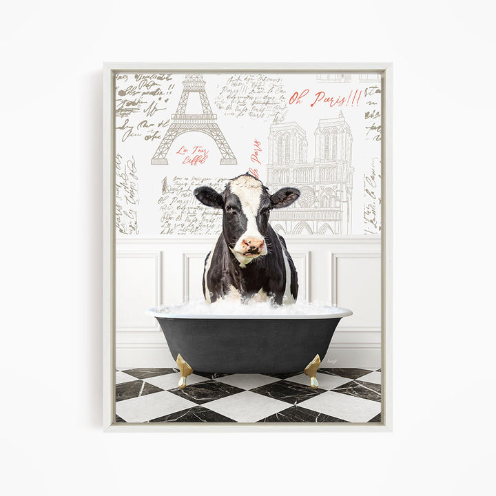A black and white cow is sitting in a bathtub filled with water, surrounded by a Paris-themed background with the Eiffel Tower and other Parisian landmarks.