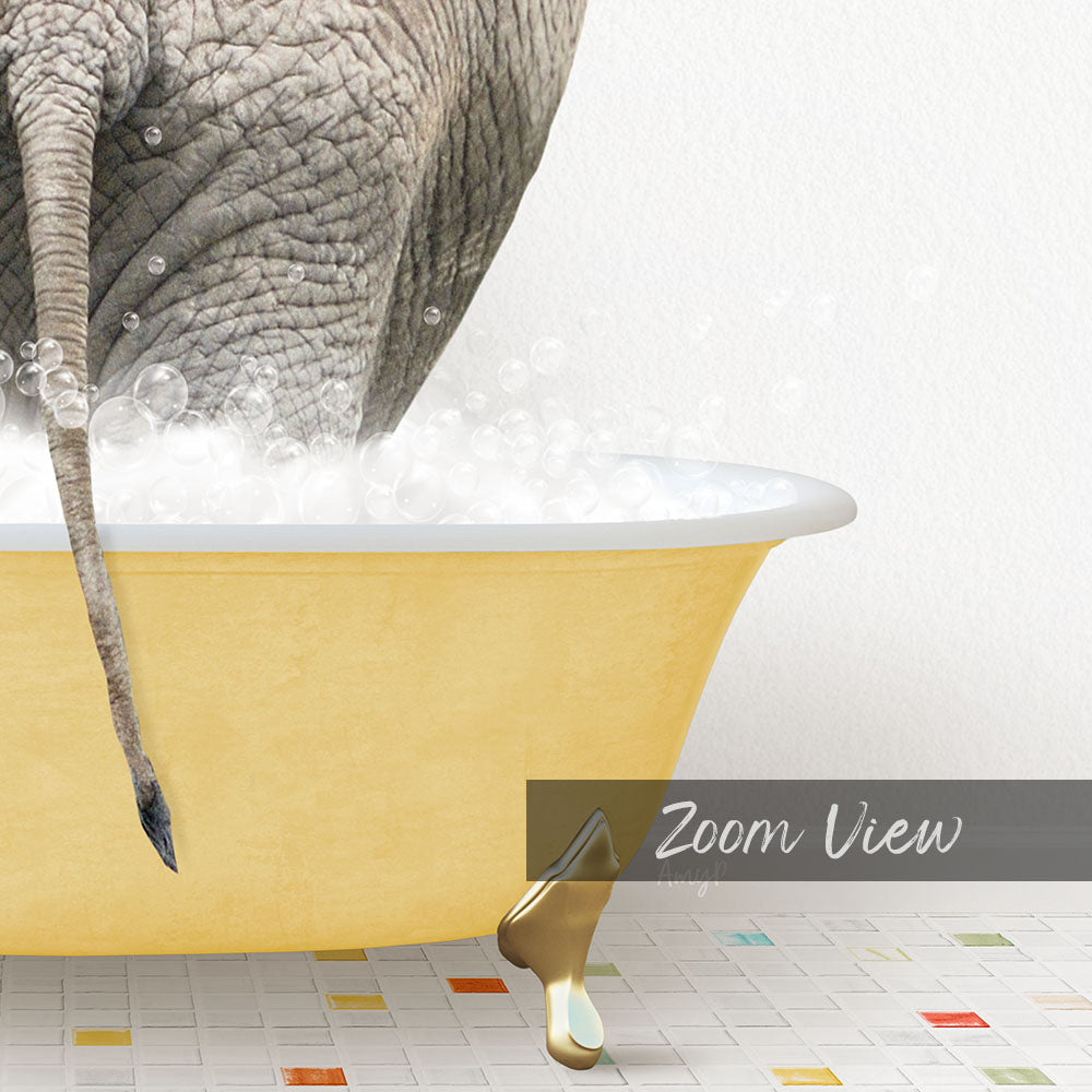 A large elephant is standing in a yellow bathtub filled with bubbles, creating a whimsical and playful scene.