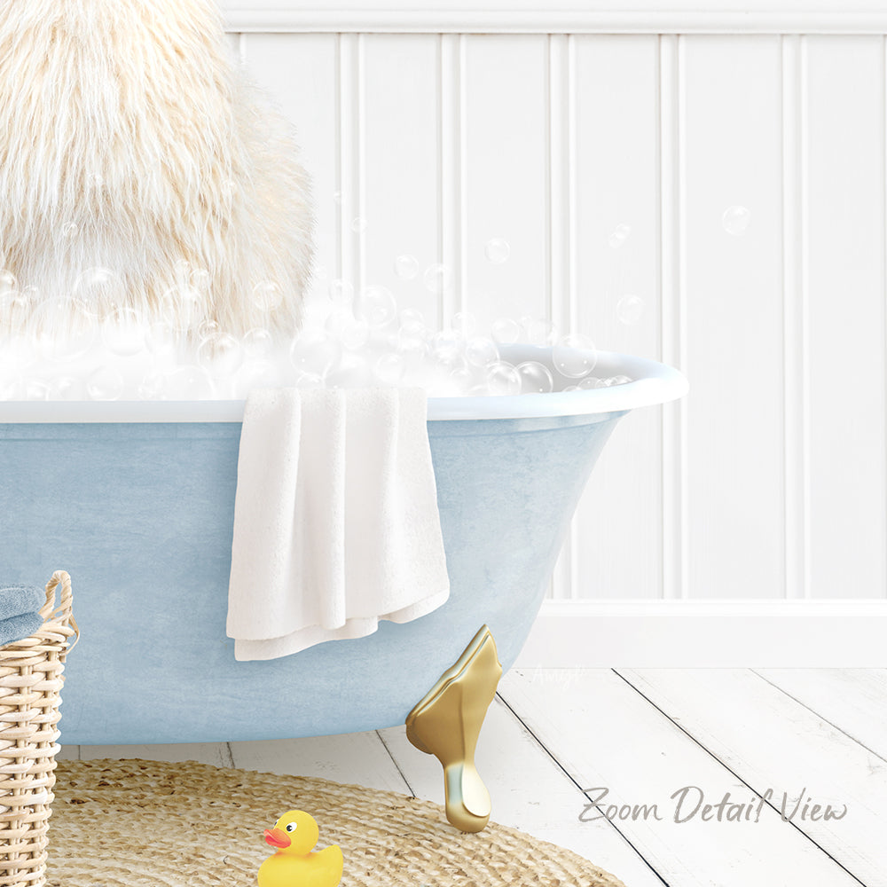 A fluffy white cat is sitting in a blue bathtub filled with bubbles, with a yellow rubber duck nearby.