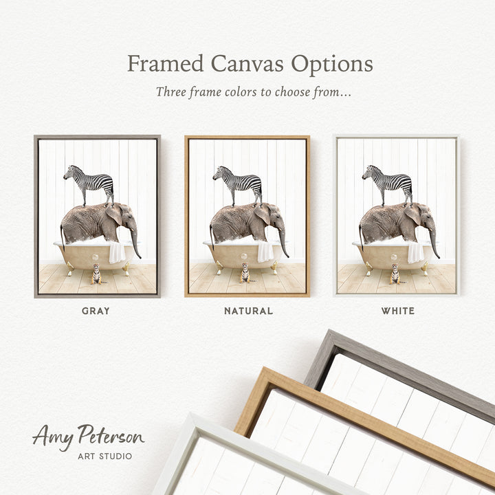 three framed canvas options featuring a zebra and an elephant in bathtubs, with three different frame colors to choose from: gray, natural, and white.
