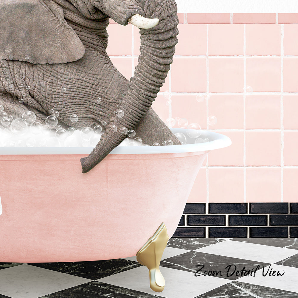 A large elephant is sitting in a pink bathtub filled with bubbles, with its trunk submerged in the water.