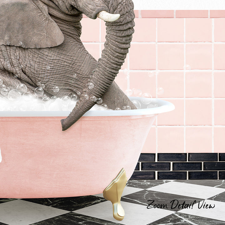 A large elephant is sitting in a pink bathtub filled with bubbles, with its trunk submerged in the water.