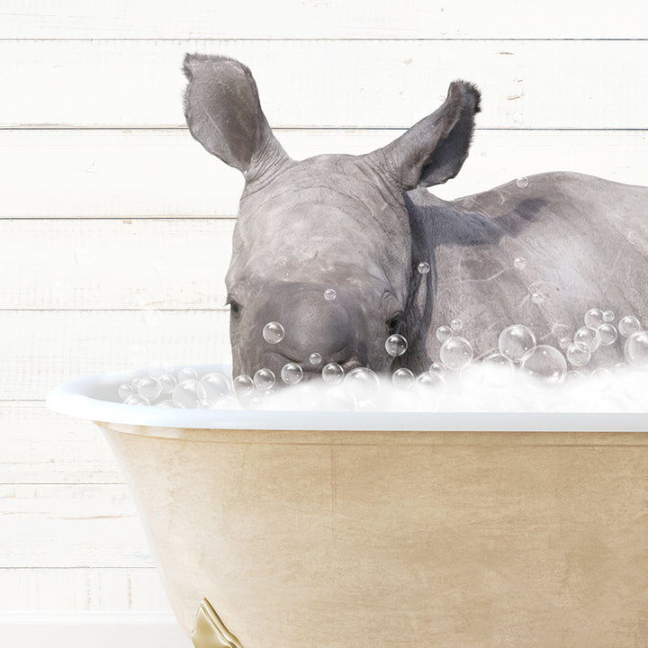 a rhino is taking a bath in a bathtub