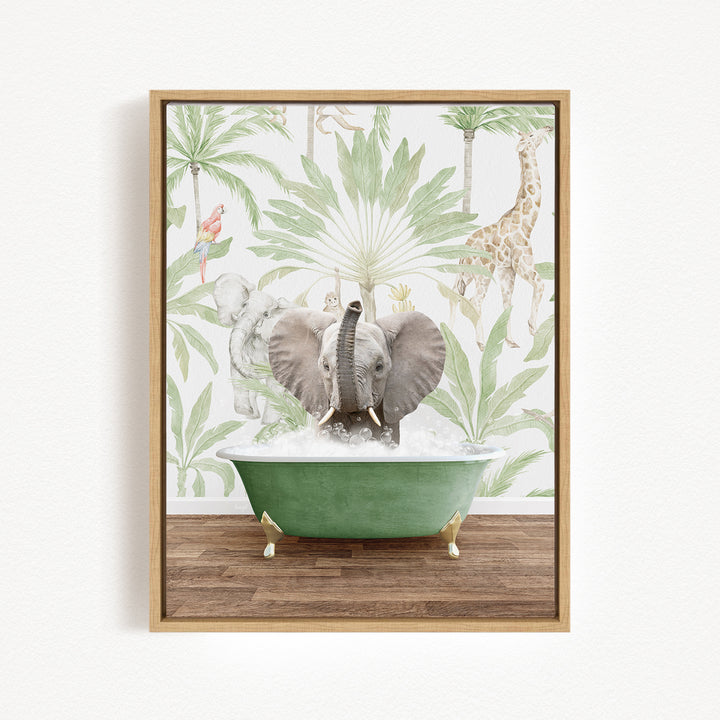 A framed print depicting an elephant sitting in a green bathtub, surrounded by tropical foliage and other animals.