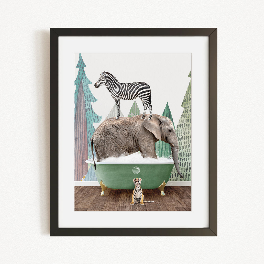 A zebra stands atop an elephant in a green bathtub, with a tiger sitting nearby, in a whimsical and playful scene.