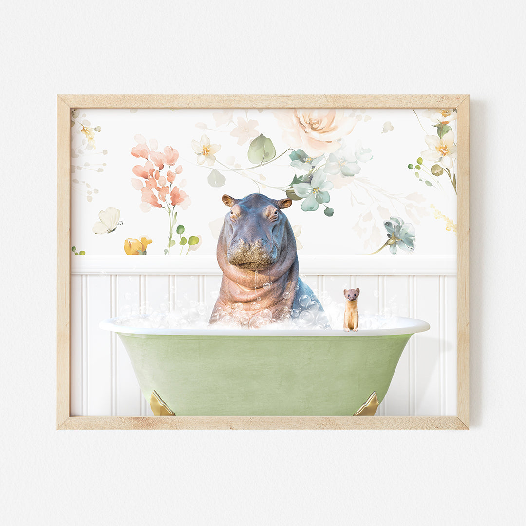 a hippo in a bathtub with a cat in the tub