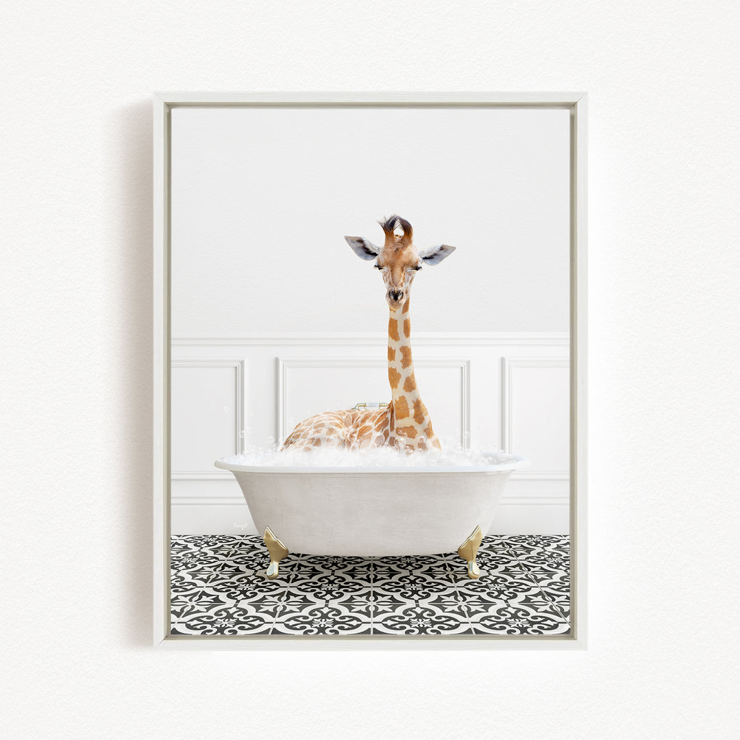 A giraffe sitting in a white bathtub filled with bubbles, creating a whimsical and playful scene.
