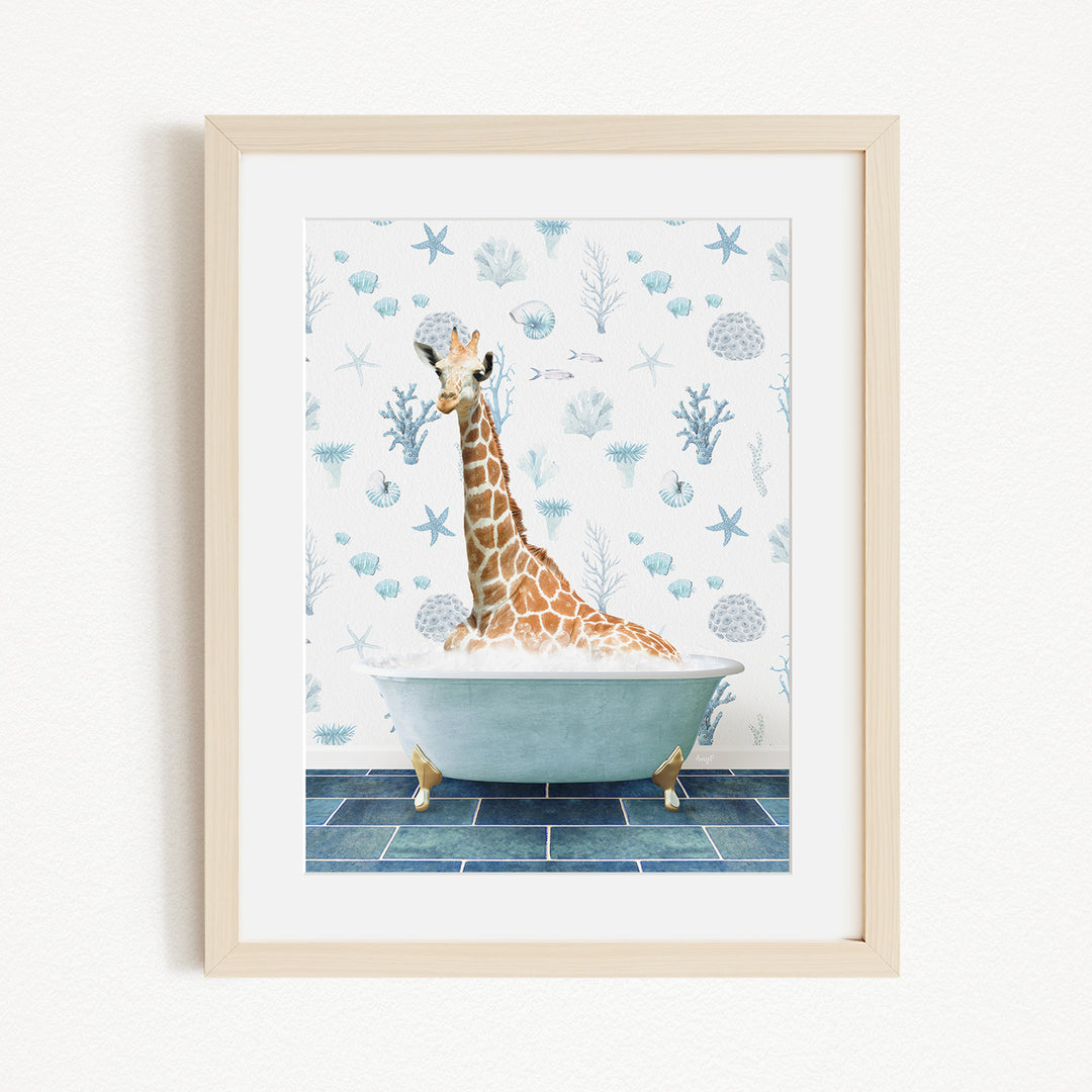 A giraffe sitting in a bathtub filled with bubbles, surrounded by a blue and white patterned wall.