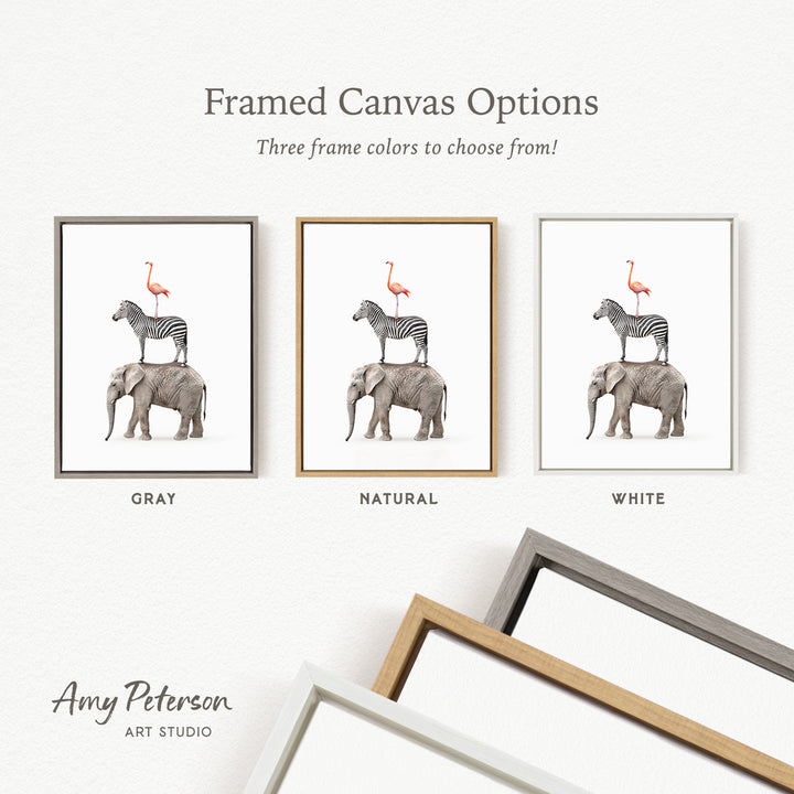 three framed canvas options featuring a zebra, flamingo, and elephant on a white background. The options include a gray frame, a natural frame, and a white frame.