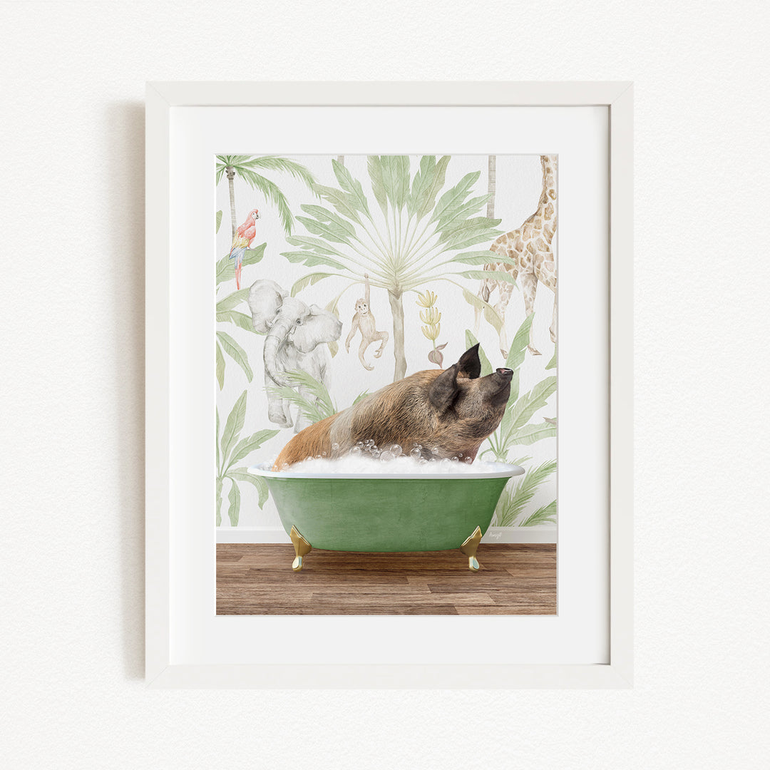 A pig is sitting in a green bathtub filled with water, surrounded by various animals such as a giraffe, elephant, and monkey, all set against a tropical wallpaper background.