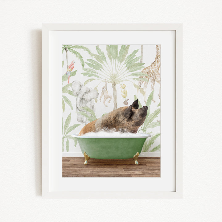 A pig is sitting in a green bathtub filled with water, surrounded by various animals such as a giraffe, elephant, and monkey, all set against a tropical wallpaper background.