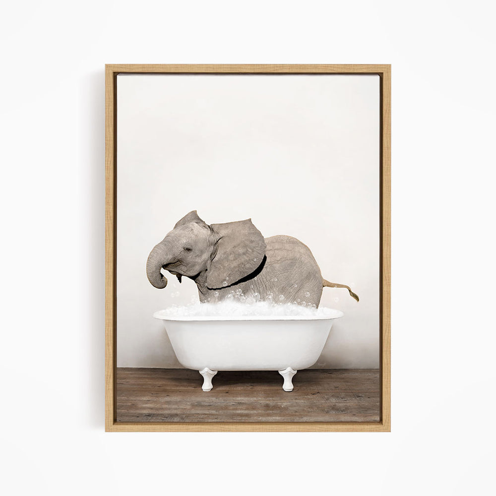 A gray elephant is sitting in a white bathtub filled with water, creating a whimsical and playful scene.