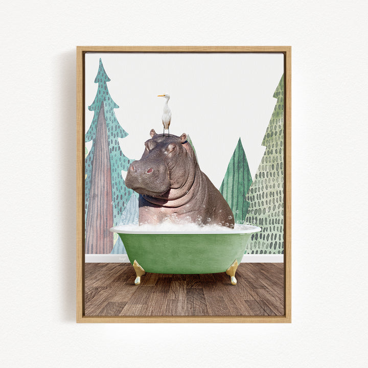 A hippopotamus sitting in a green bathtub, with a bird perched on its head.