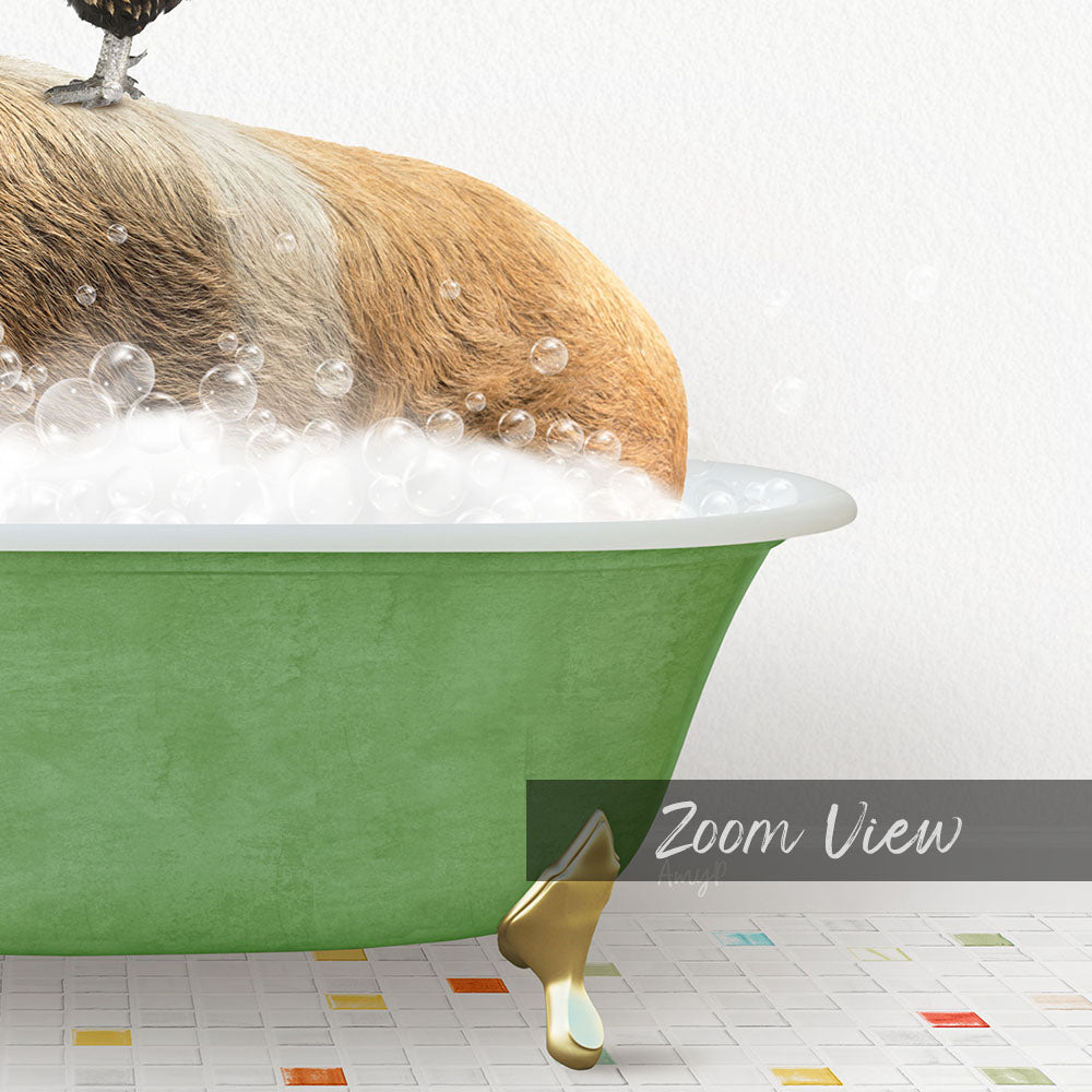 A dog is sitting in a green bathtub filled with bubbles, enjoying a relaxing bath.