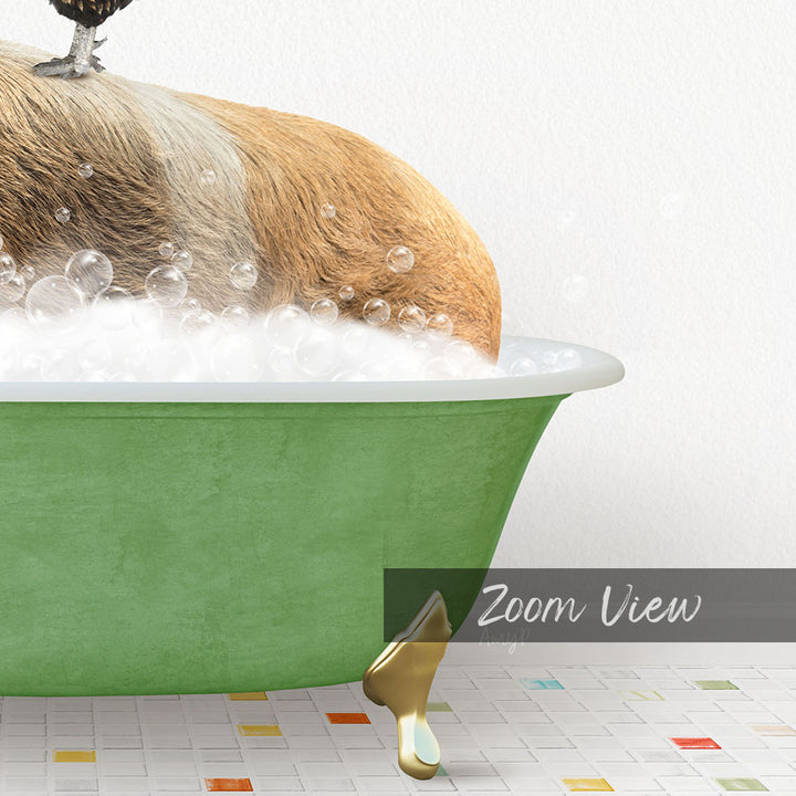 A dog is sitting in a green bathtub filled with bubbles, enjoying a relaxing bath.