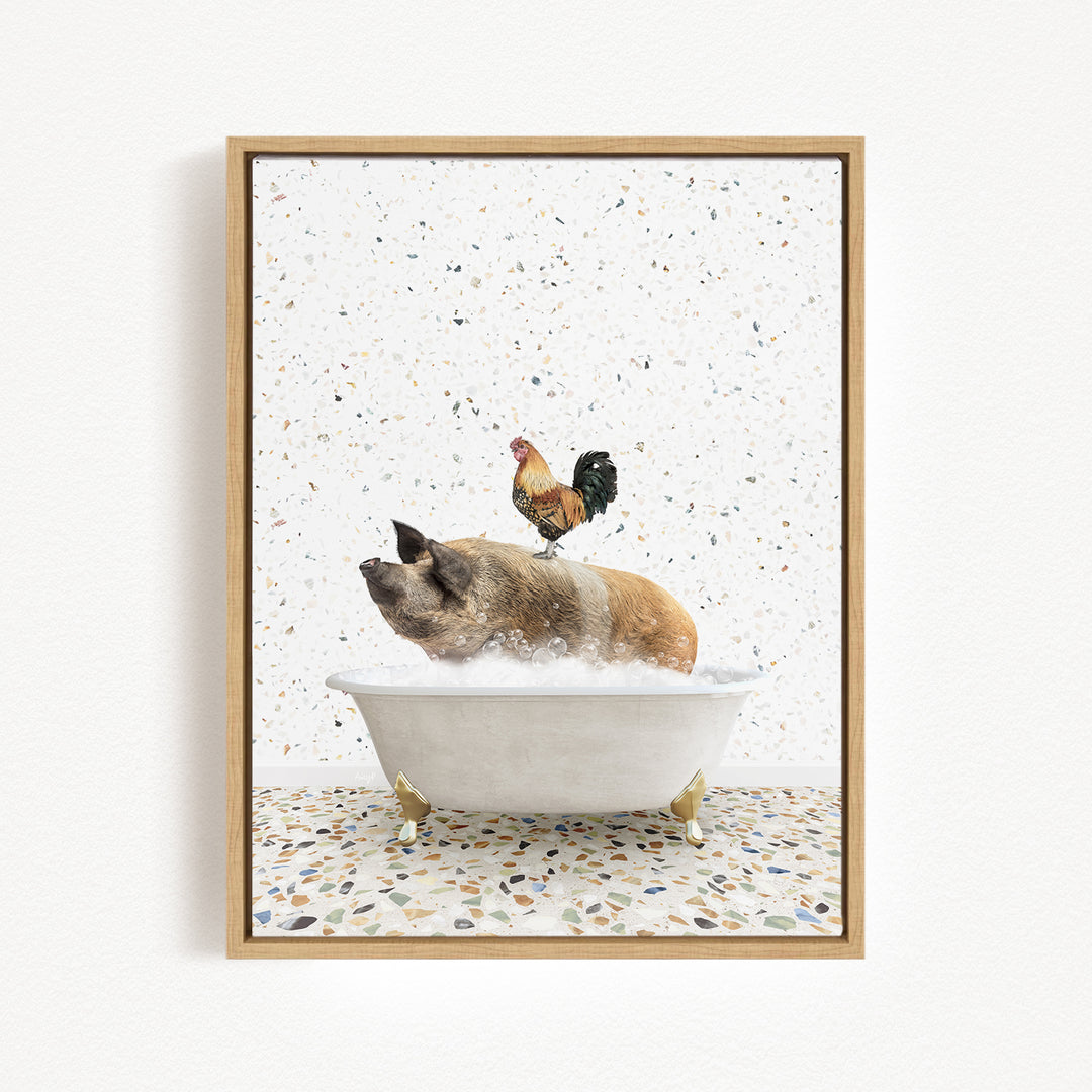 A rooster sits atop a pig in a bathtub, surrounded by a speckled background.