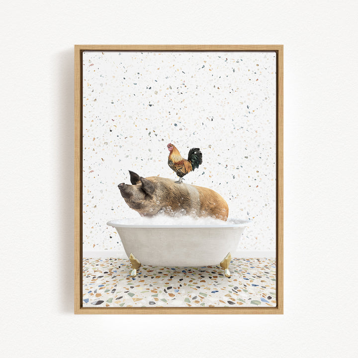 A rooster sits atop a pig in a bathtub, surrounded by a speckled background.