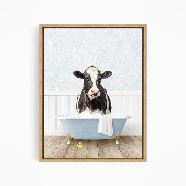 A black and white cow is sitting in a blue bathtub filled with water, surrounded by rubber ducks.