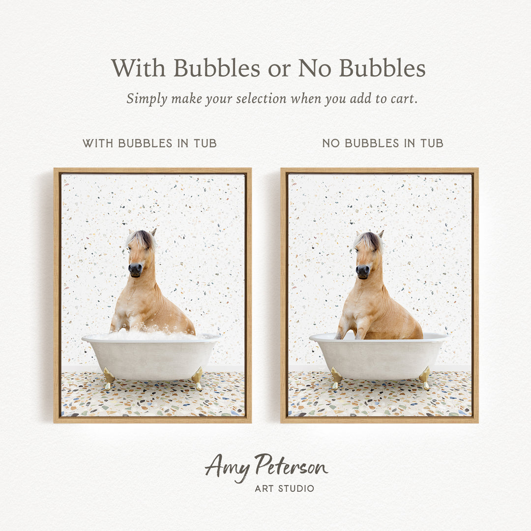 The image is a collage of two pictures, each featuring a horse in a bathtub. The first picture shows a horse sitting in a tub with bubbles, while the second picture shows a horse sitting in a tub without bubbles. The text above the images reads "With Bubbles or No Bubbles Simply make your selection when you add to cart."