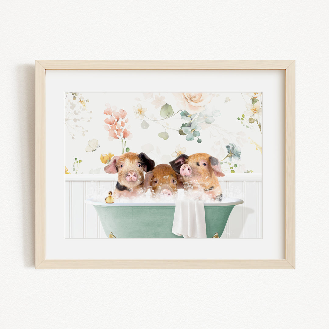 Three adorable pigs sitting in a green bathtub, enjoying a relaxing bath together.