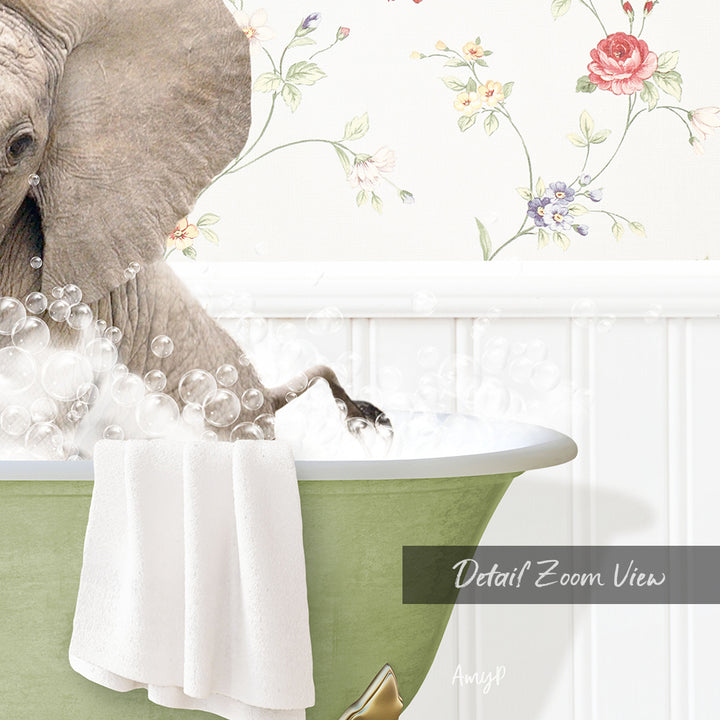 A large elephant is standing in a green bathtub filled with bubbles, surrounded by a floral wallpaper.