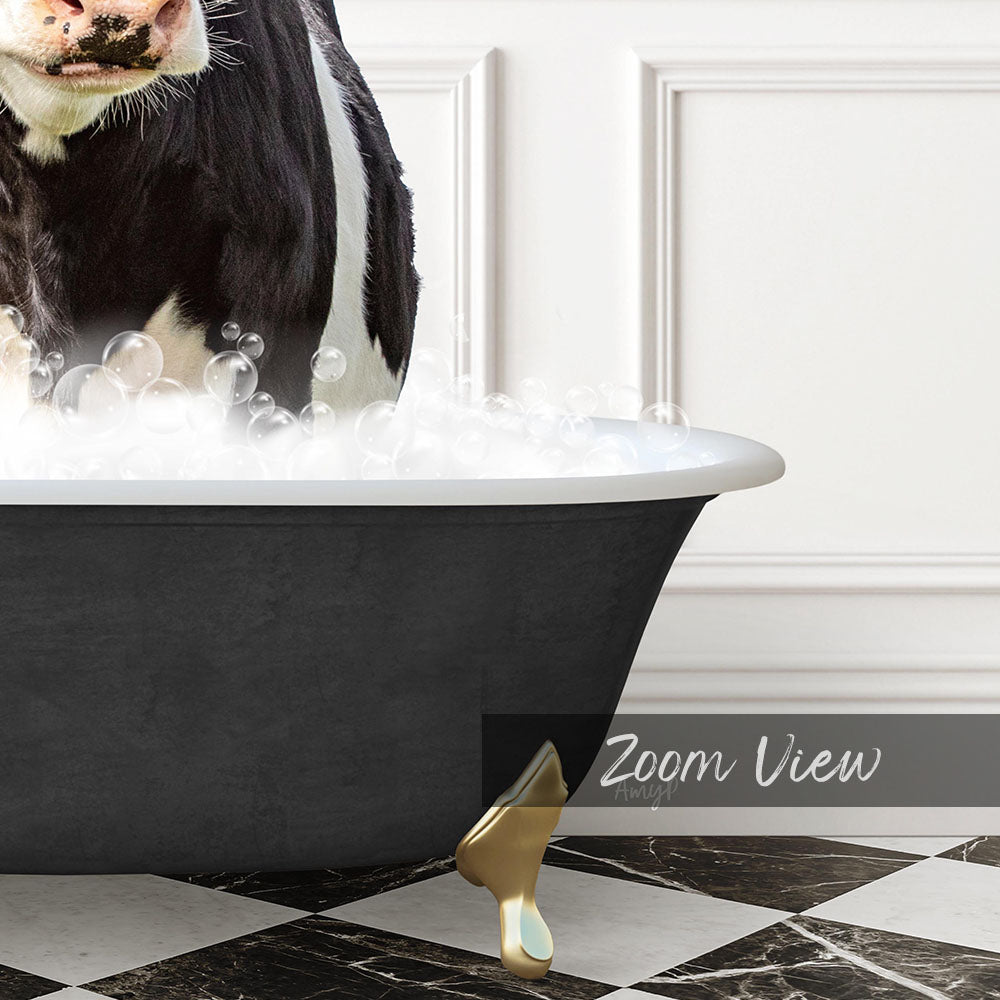 A black and white cow is standing in a bathtub filled with bubbles, creating a whimsical and playful scene.