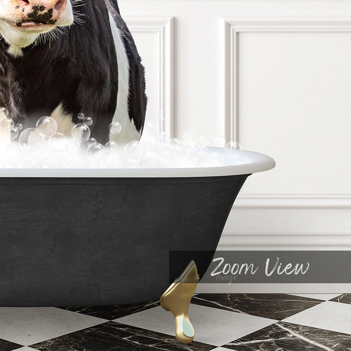 A black and white cow is standing in a bathtub filled with bubbles, creating a whimsical and playful scene.
