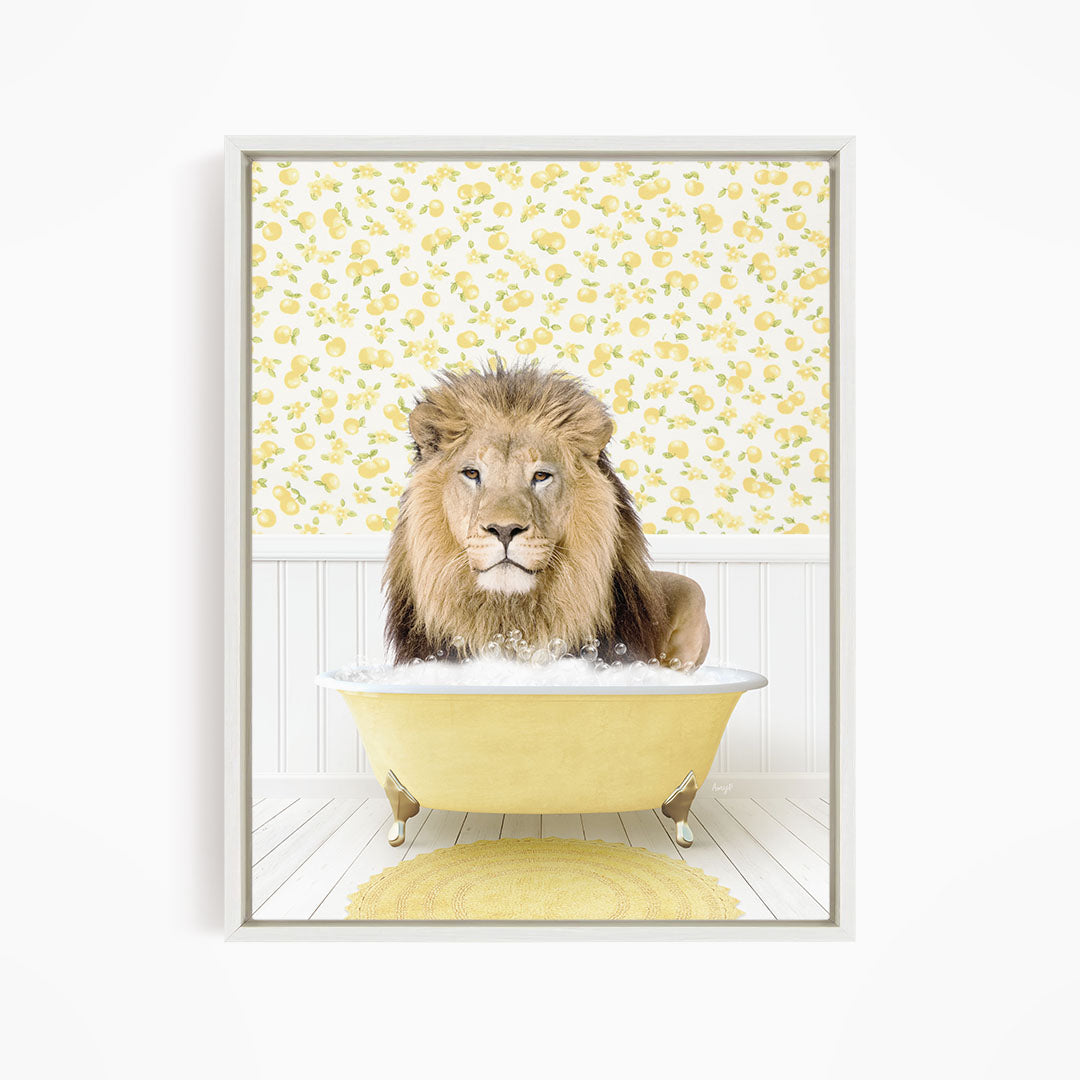 A lion is sitting in a yellow bathtub filled with water, surrounded by a yellow and white floral patterned wall.