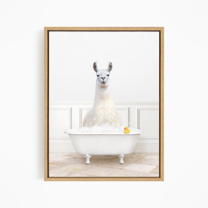 A white llama sitting in a white bathtub filled with bubbles, with a rubber duck floating in the water.