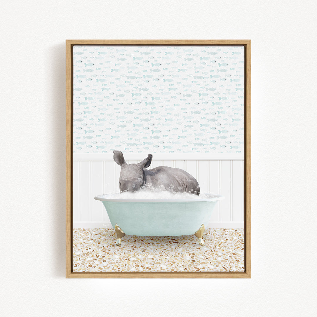 A gray rhinoceros is sitting in a light blue bathtub filled with water, surrounded by a patterned tile floor.