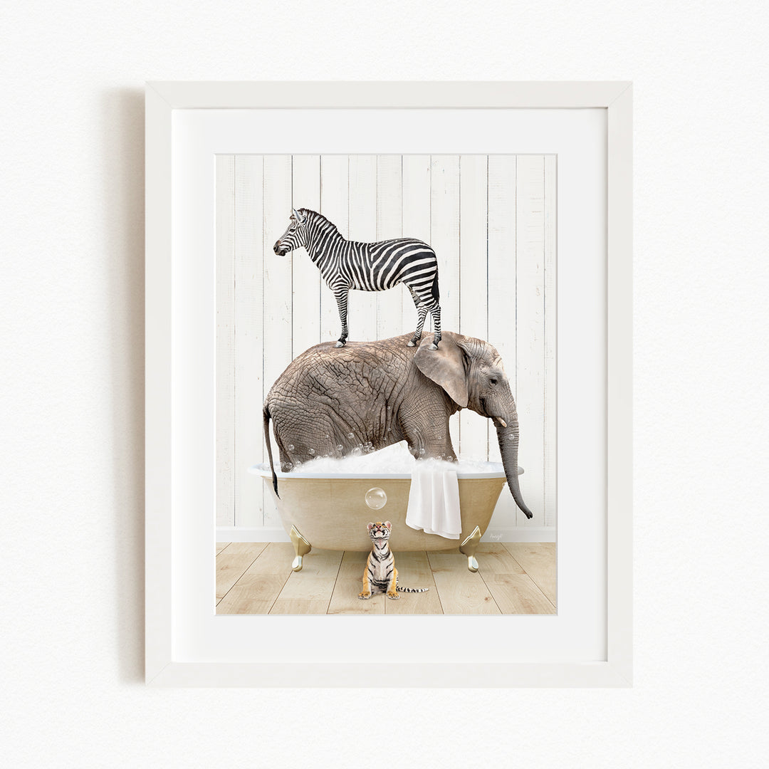 A zebra stands on the back of an elephant, which is sitting in a bathtub, with a tiger standing nearby.