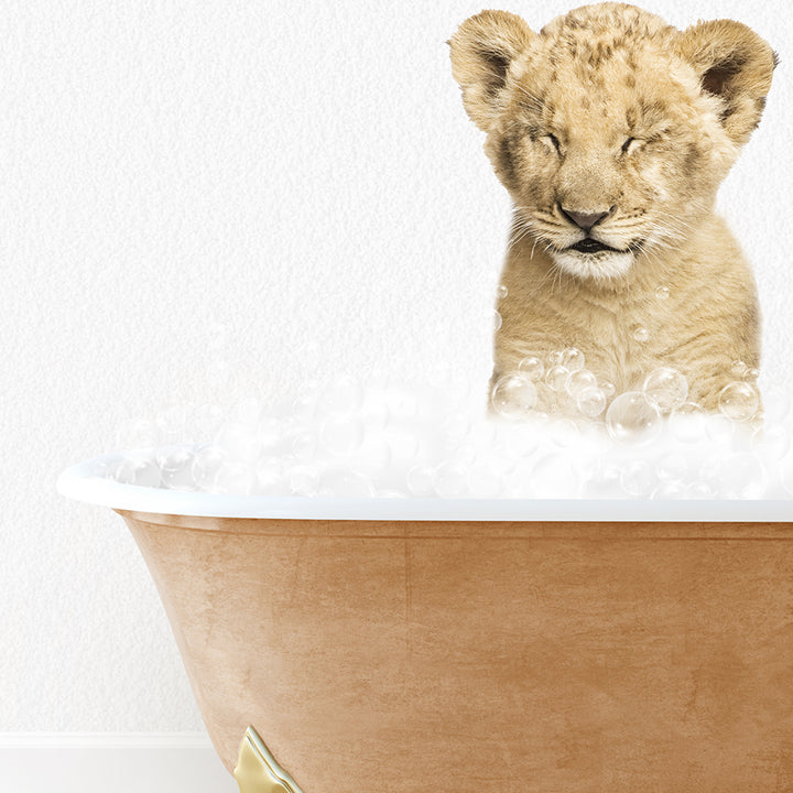 a lion cub sitting in a bathtub full of bubbles