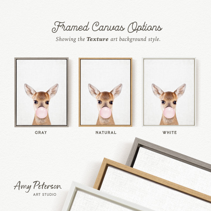 three framed canvas options, each featuring a picture of a deer blowing a bubble gum bubble. The options are labeled "GRAY", "NATURAL", and "WHITE".