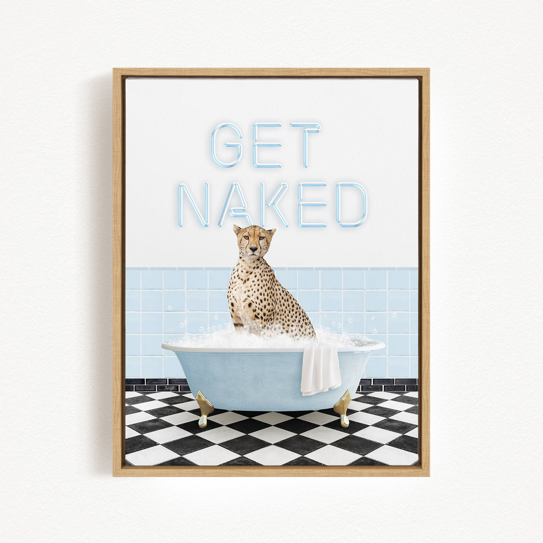 A cheetah sitting in a bathtub with the text "GET NAKED" displayed above it.