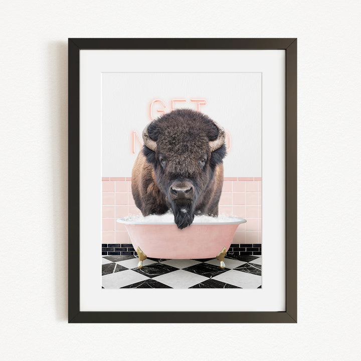 A buffalo with a pink bathtub in front of it, with a pink and white checkered floor and a pink wall with the word "GET" written on it.