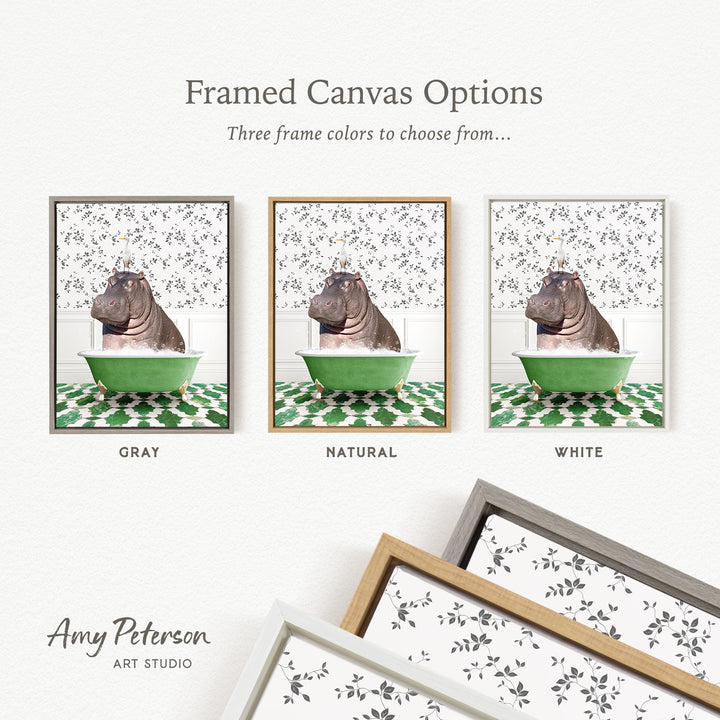 The image is a framed canvas option featuring three different color options for a framed artwork of a hippopotamus in a bathtub.