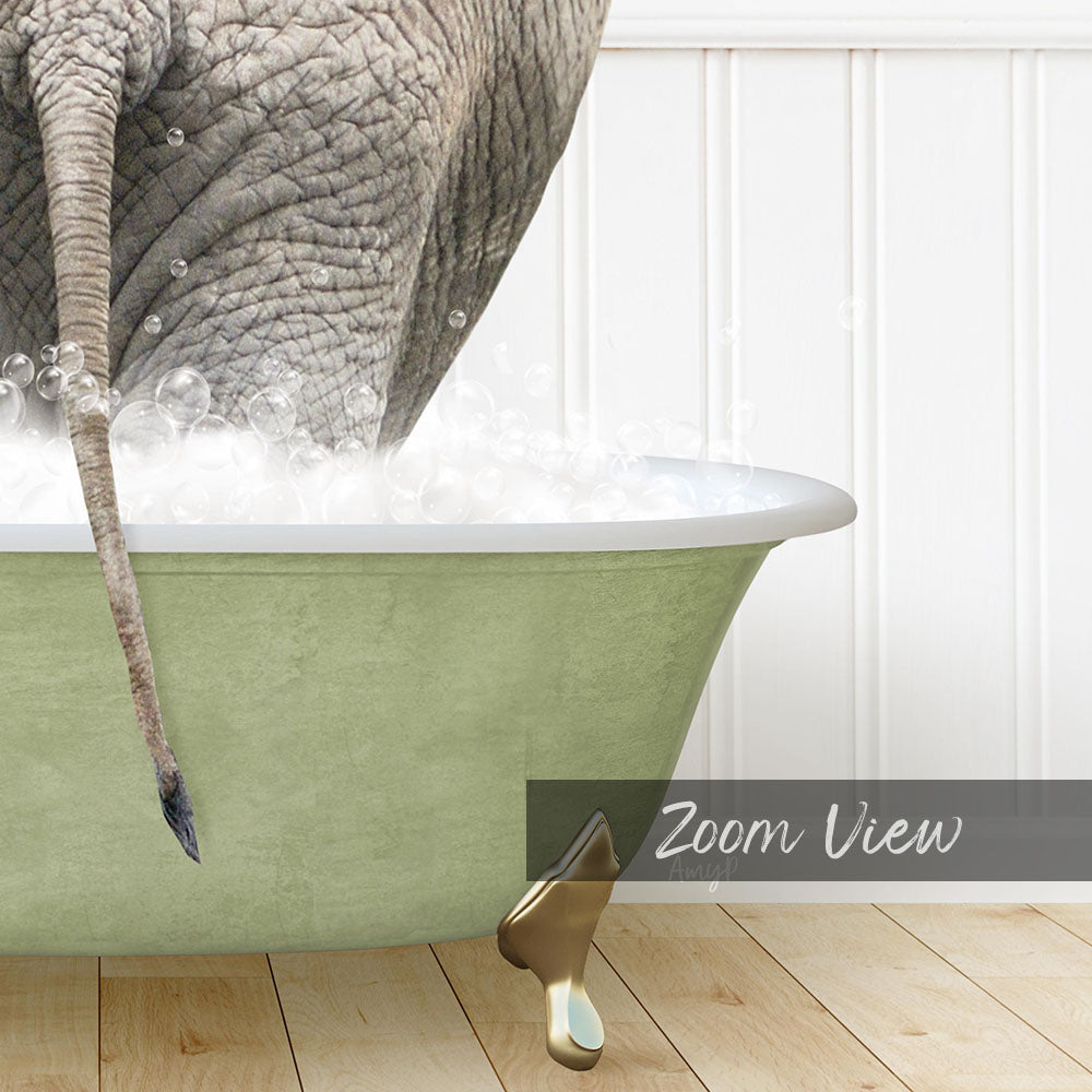 A large elephant is standing in a green bathtub filled with bubbles, with its trunk submerged in the water.
