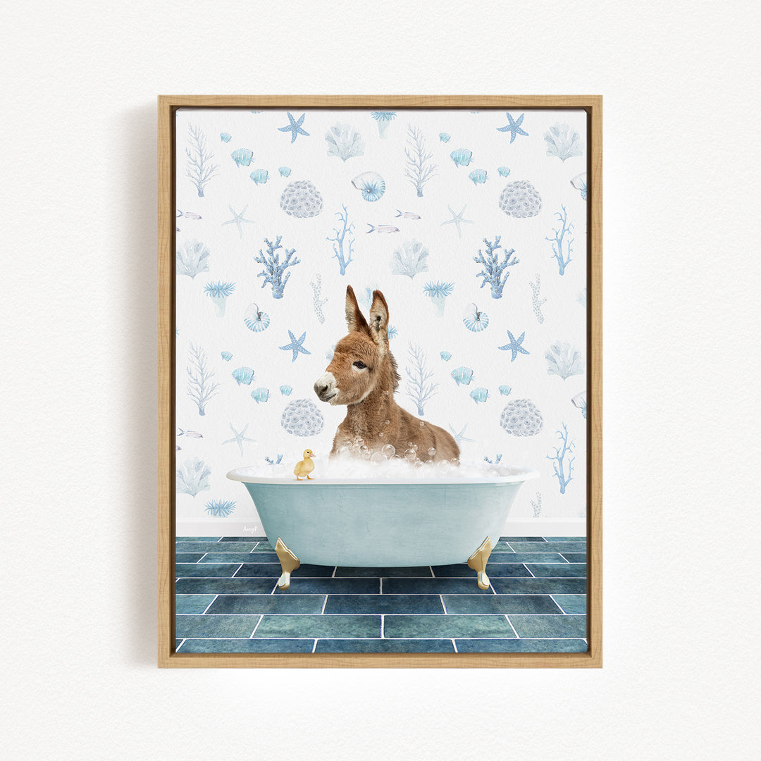 A donkey is sitting in a bathtub filled with water, surrounded by various marine life and plants, creating a whimsical and playful scene.