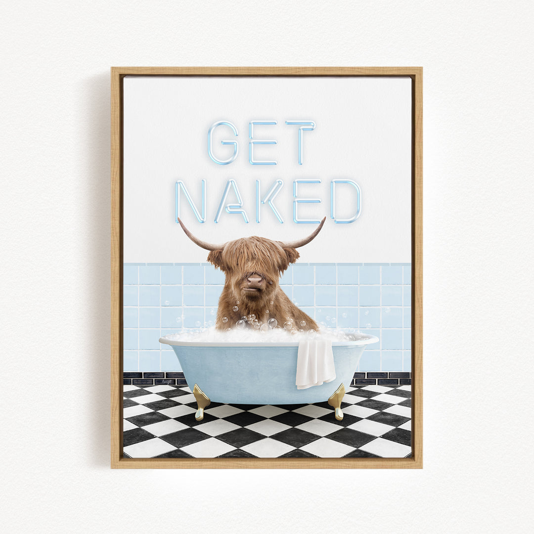 a brown cow sitting in a blue bathtub filled with bubbles, with the text "GET NAKED" displayed above it.