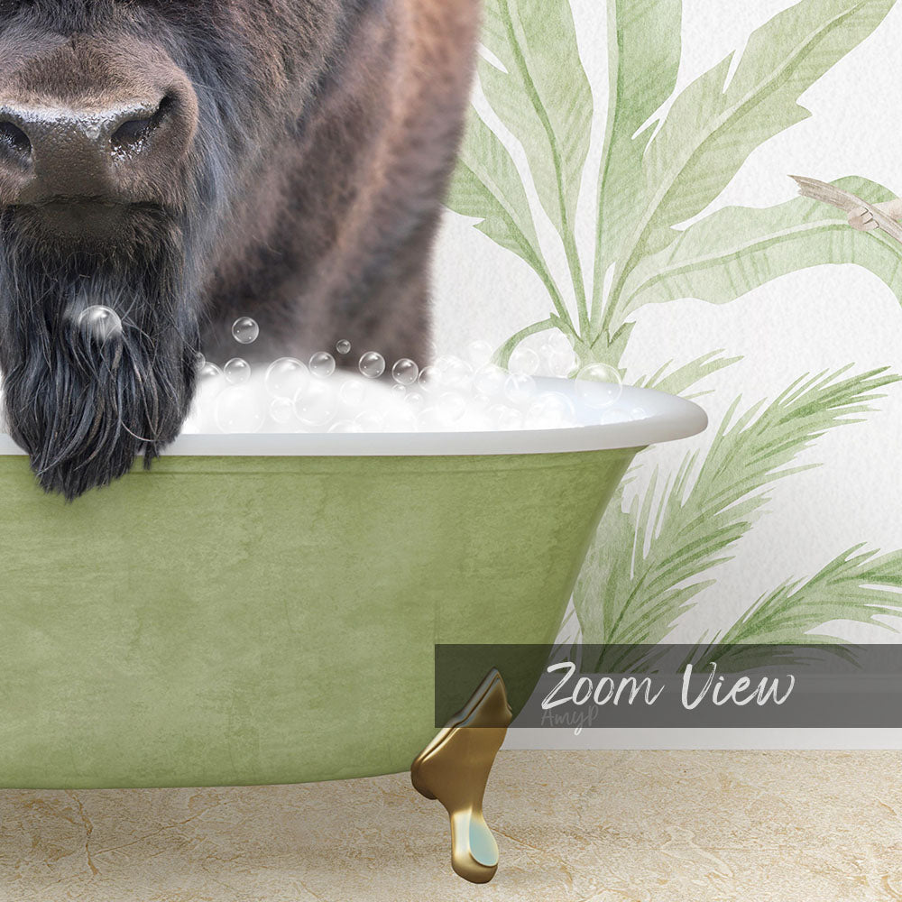 A close-up of a dog's face peeking out of a green bathtub filled with bubbles, with a tropical plant wallpaper in the background.