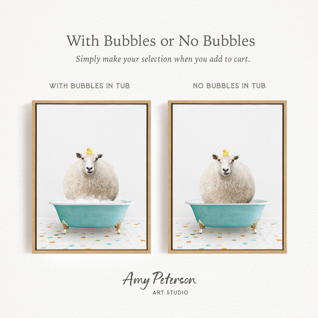 The image is a collage of two framed pictures, each featuring a white sheep sitting in a blue tub with bubbles on the floor. The text above the images reads "With Bubbles or No Bubbles" and below the images, it says "Simply make your selection when you add to cart."