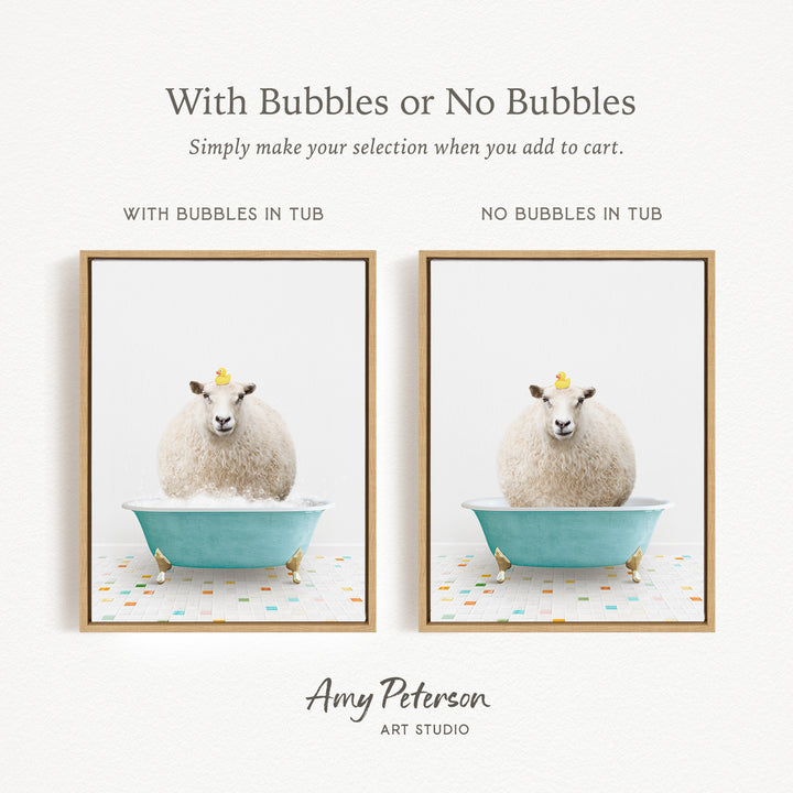 The image is a collage of two framed pictures, each featuring a white sheep sitting in a blue tub with bubbles on the floor. The text above the images reads "With Bubbles or No Bubbles" and below the images, it says "Simply make your selection when you add to cart."