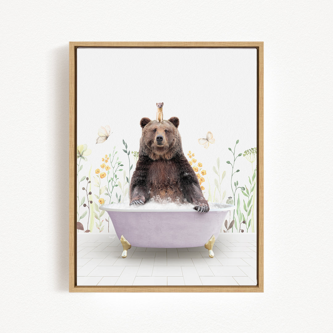 A brown bear sitting in a purple bathtub, surrounded by flowers and butterflies.
